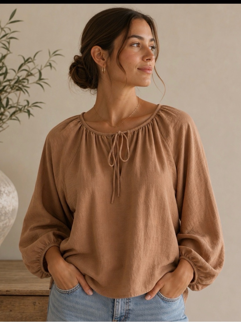 Trendyol Women's Blouson top in Warm Rose/Tan, 
Flowy, soft, size 36